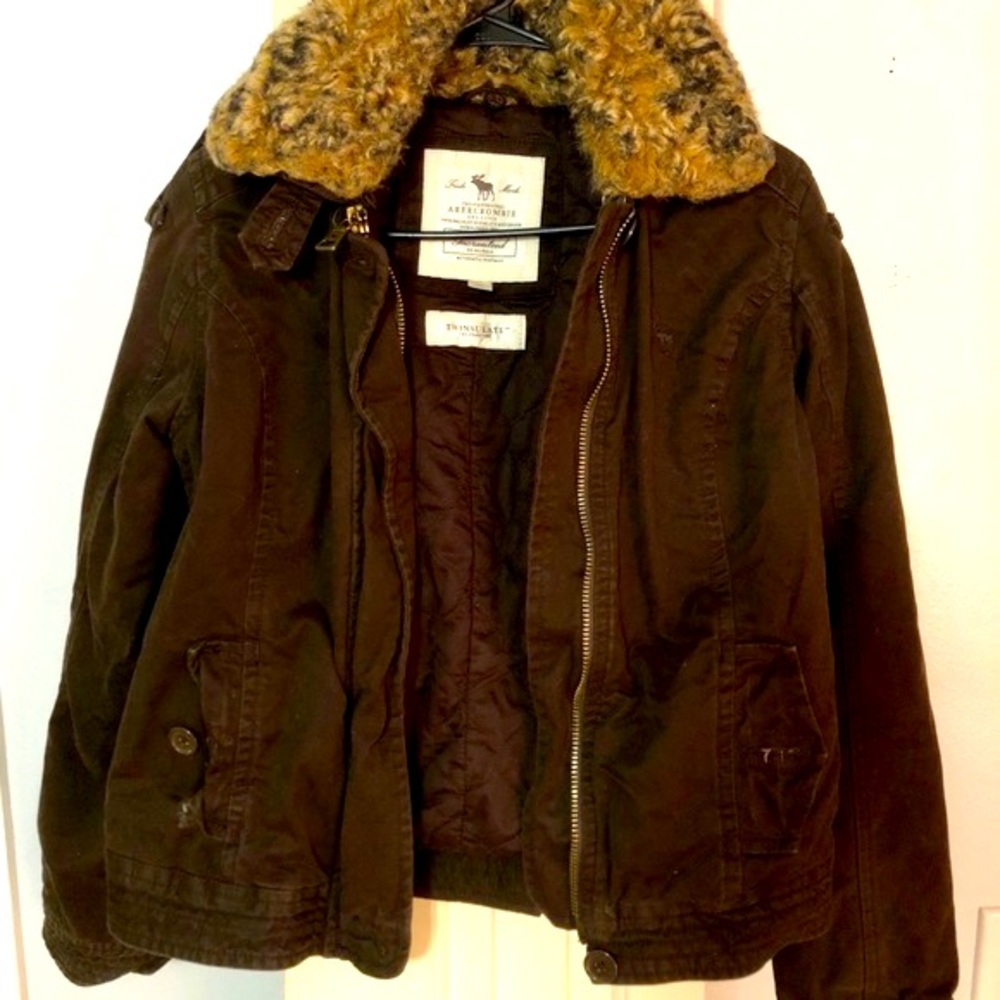 Abercrombie & Fitch Fur Trimmed Vintage Brown Bomber Jacket